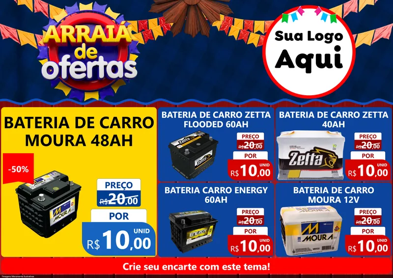 Modelo de Encarte para Encarte A4 Horizontal com o tema Arraiá de Ofertas para Baterias Elétricas