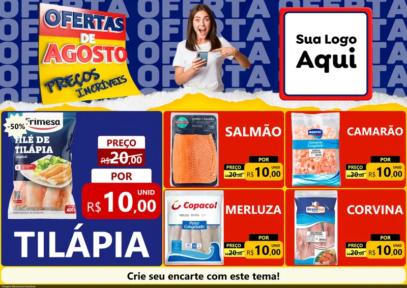 Modelo de Encarte para Encarte A4 Horizontal com o tema Ofertas de Agosto - Preços Incríveis para Peixaria