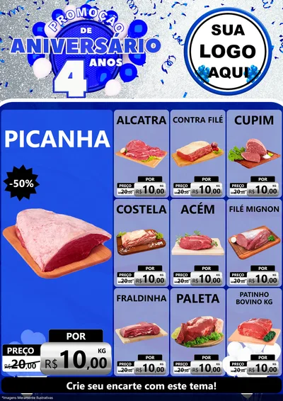 Modelo de Encarte para Encarte A4 Vertical com o tema Promoção de Aniversário - 4 Anos para Açougue