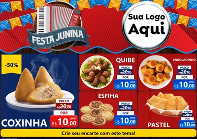 Modelo de Encarte para Encarte A4 Horizontal com o tema Festa Junina para Salgadaria