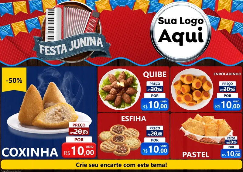 Modelo de Encarte para Encarte A4 Horizontal com o tema Festa Junina para Salgadaria