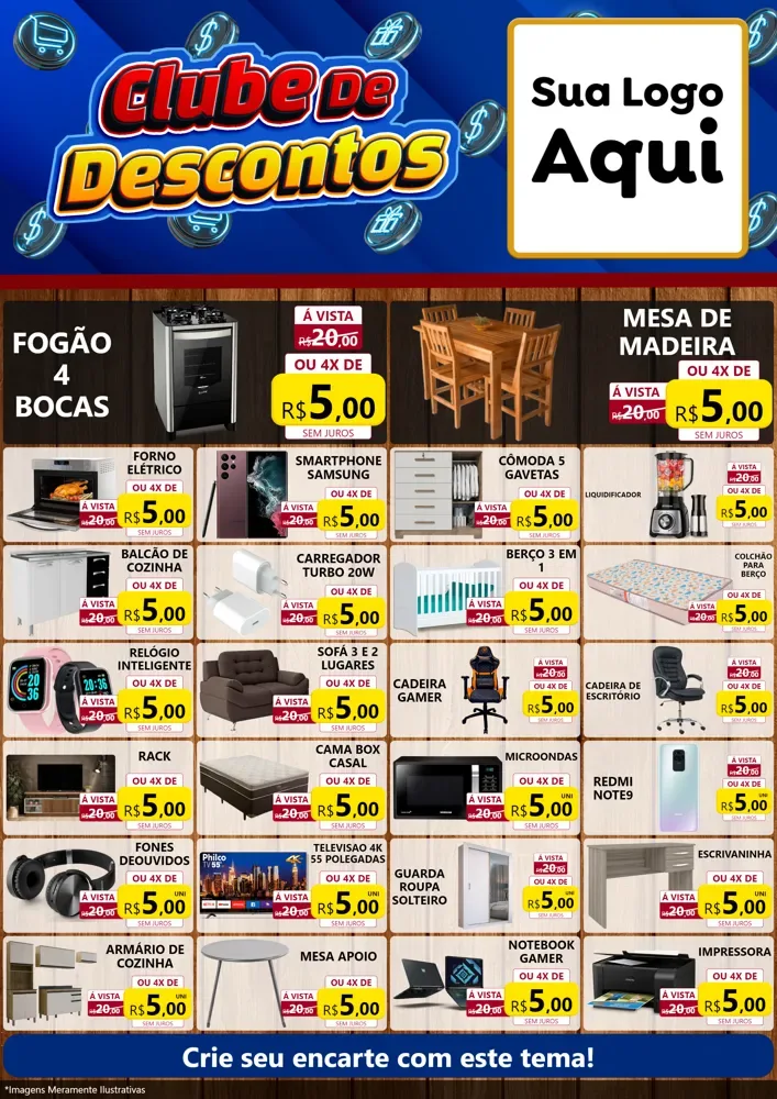 Modelo de Encarte para Encarte A4 Vertical com o tema Clube de Descontos para Móveis e Eletro
