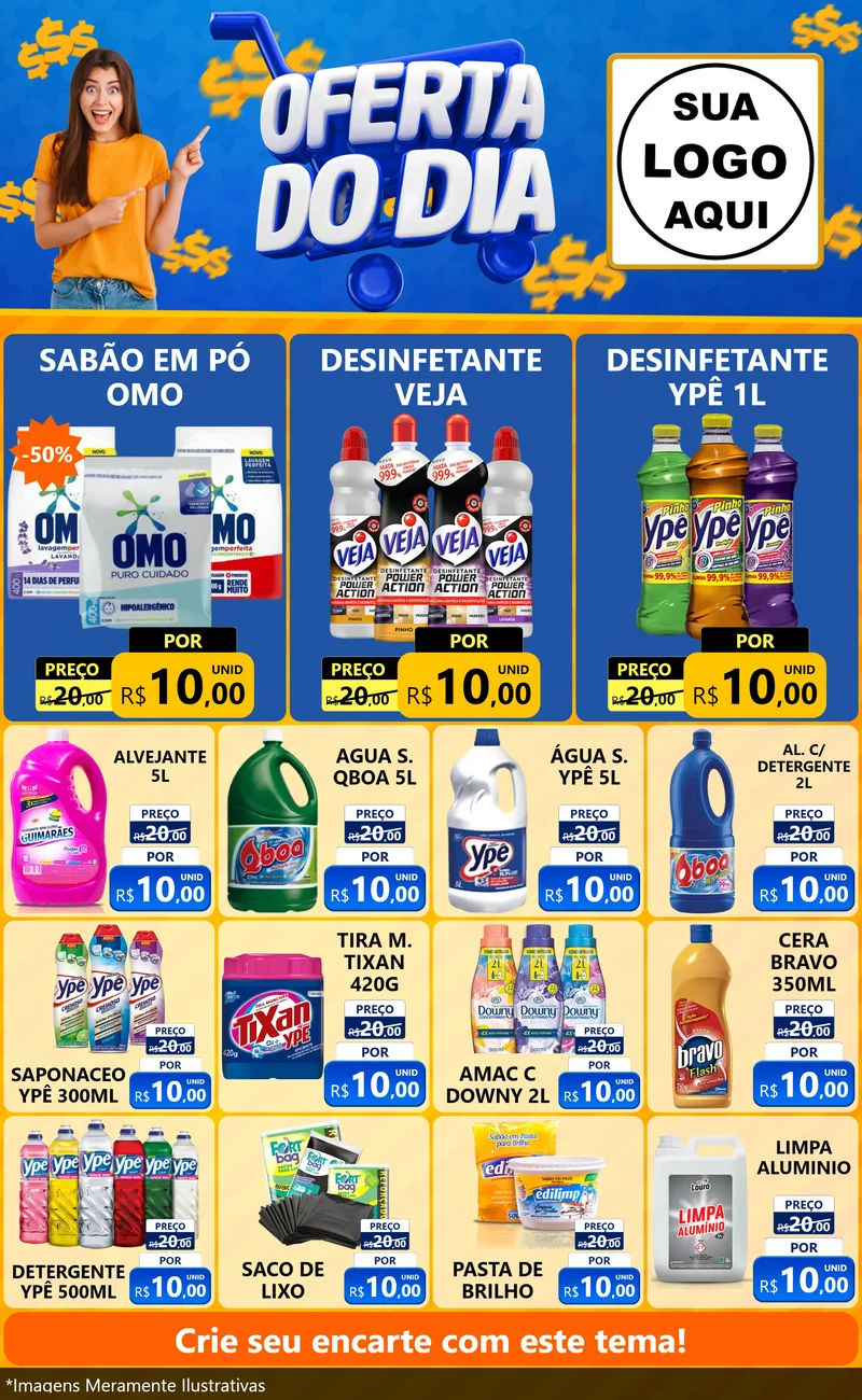 Modelo de Encarte para Encarte Grande com o tema Oferta do Dia para Produtos de Limpeza