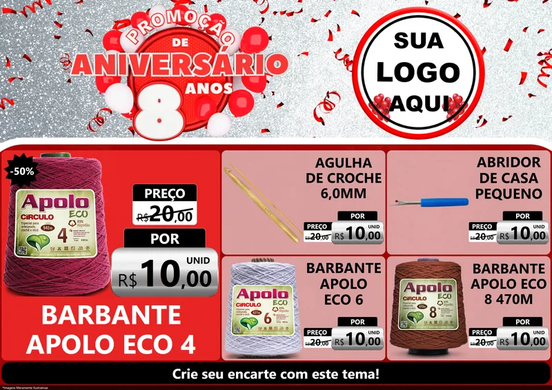 Modelo de Encarte para Encarte A4 Horizontal com o tema Promoção de Aniversário - 8 Anos para Armarinho e Aviamentos