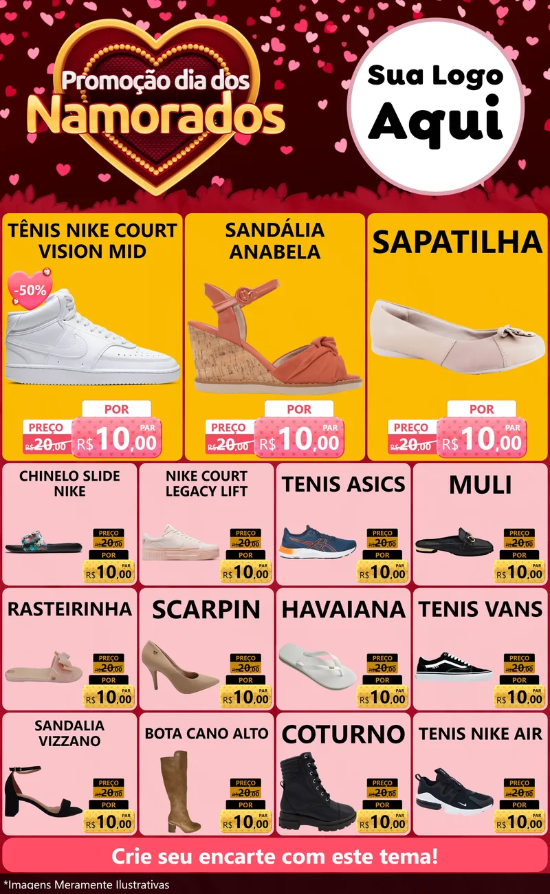 Modelo de Encarte para Encarte Grande com o tema Promoção Dia Dos Namorados para Calçados