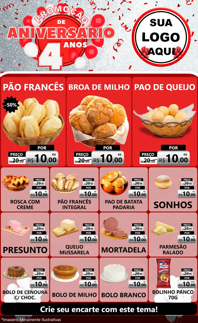 Modelo de Encarte para Encarte Grande com o tema Promoção de Aniversário - 4 Anos para Padaria