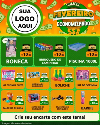Modelo de Rede Social para Feed Instagram com o tema Comece Fevereiro Economizando para Brinquedos