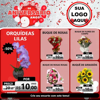 Modelo de Rede Social para Feed Facebook com o tema Promoção de Aniversário - 9 Anos para Floricultura e jardim