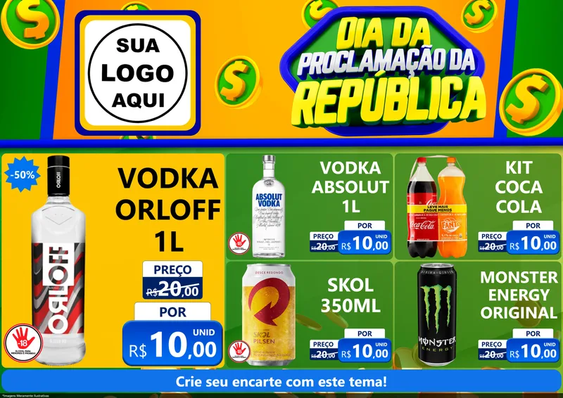 Modelo de Encarte para Encarte A4 Horizontal com o tema Dia Da Proclamação da República para Distribuidora de bebidas