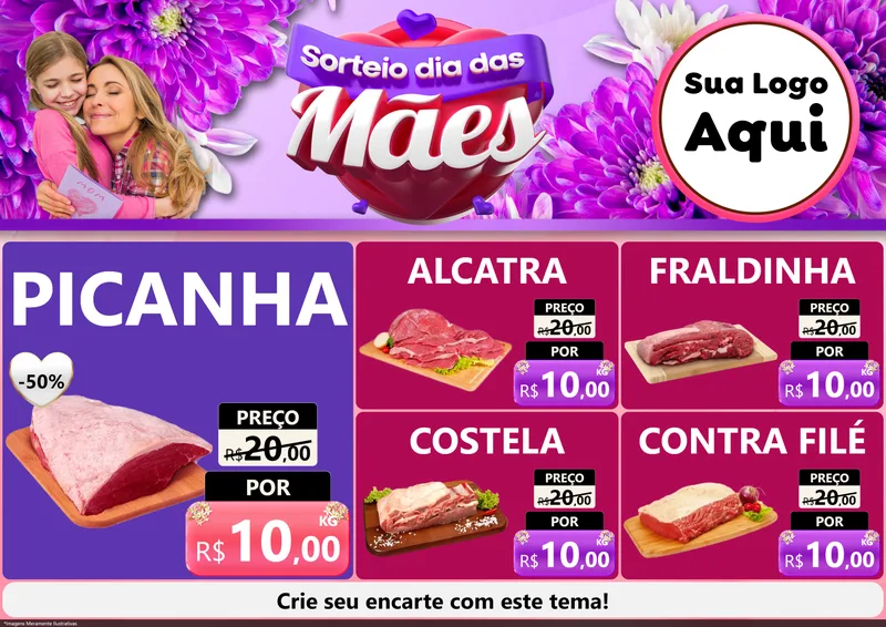 Modelo de Encarte para Encarte A4 Horizontal com o tema Sorteio Dia das Mães para Açougue