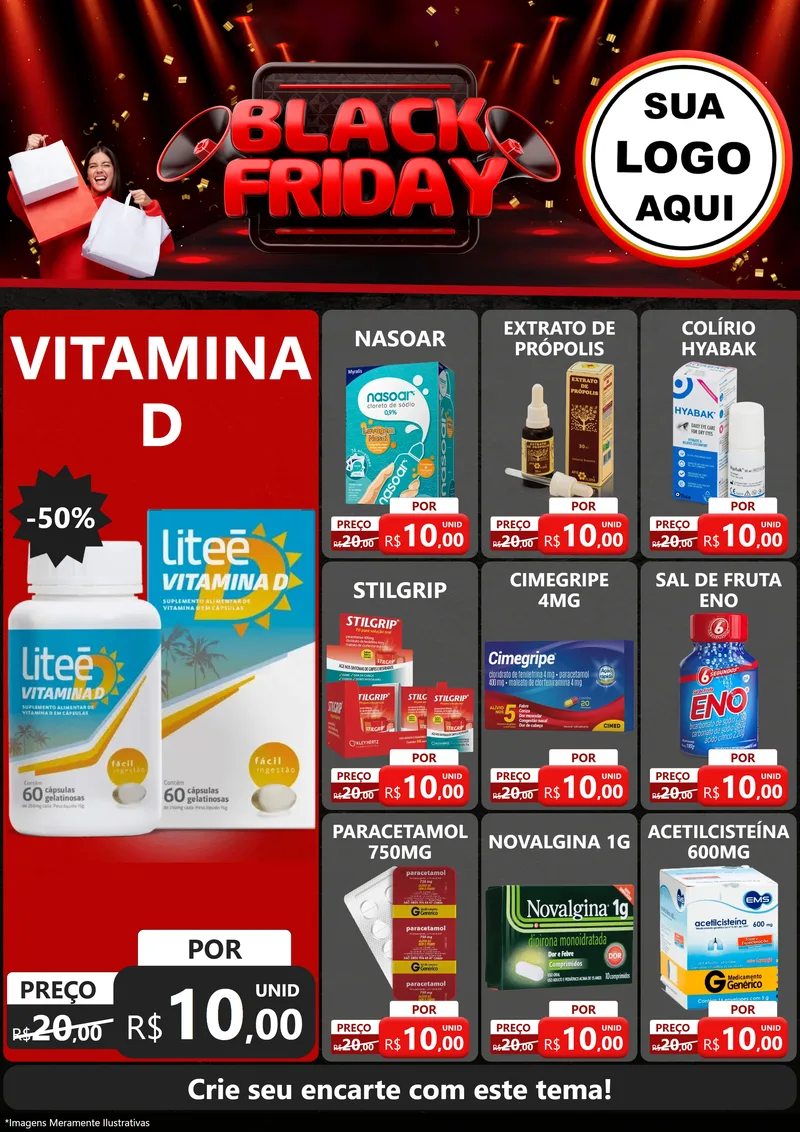 Modelo de Encarte para Encarte A4 Vertical com o tema Black Friday para Farmácia