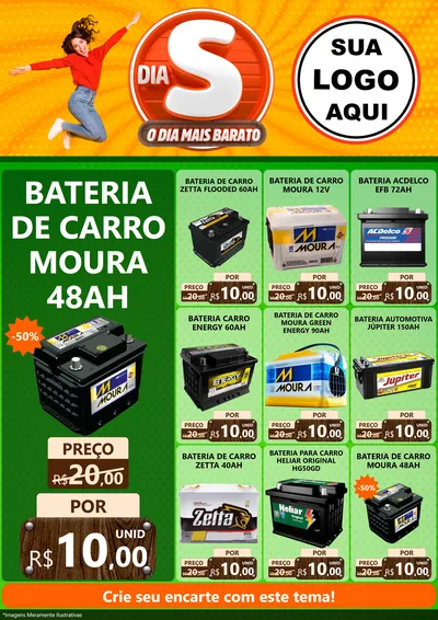 Modelo de Encarte para Encarte A4 Vertical com o tema Dia S - O Dia Mais Barato para Baterias Elétricas