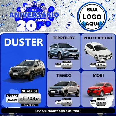 Modelo de Rede Social para Feed Facebook com o tema Promoção de Aniversário - 20 Anos para Concessionaria de Carros
