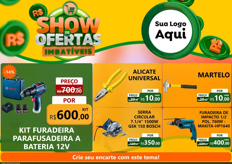 Modelo de Encarte para Encarte A4 Horizontal com o tema Show de Ofertas Imbatíveis para Maquinas e Ferramentas