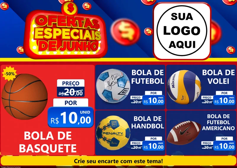 Modelo de Encarte para Encarte A4 Horizontal com o tema Ofertas Especiais de Junho para Artigos Esportivos