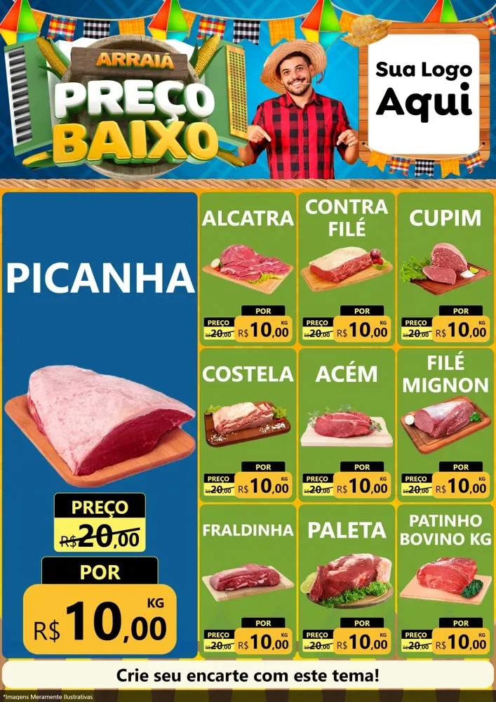 Modelo de Encarte para Encarte A4 Vertical com o tema Arraiá de Preço Baixo - Junina para Açougue