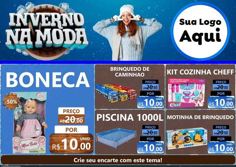 Modelo de Encarte para Encarte A4 Horizontal com o tema Inverno na Moda para Brinquedos