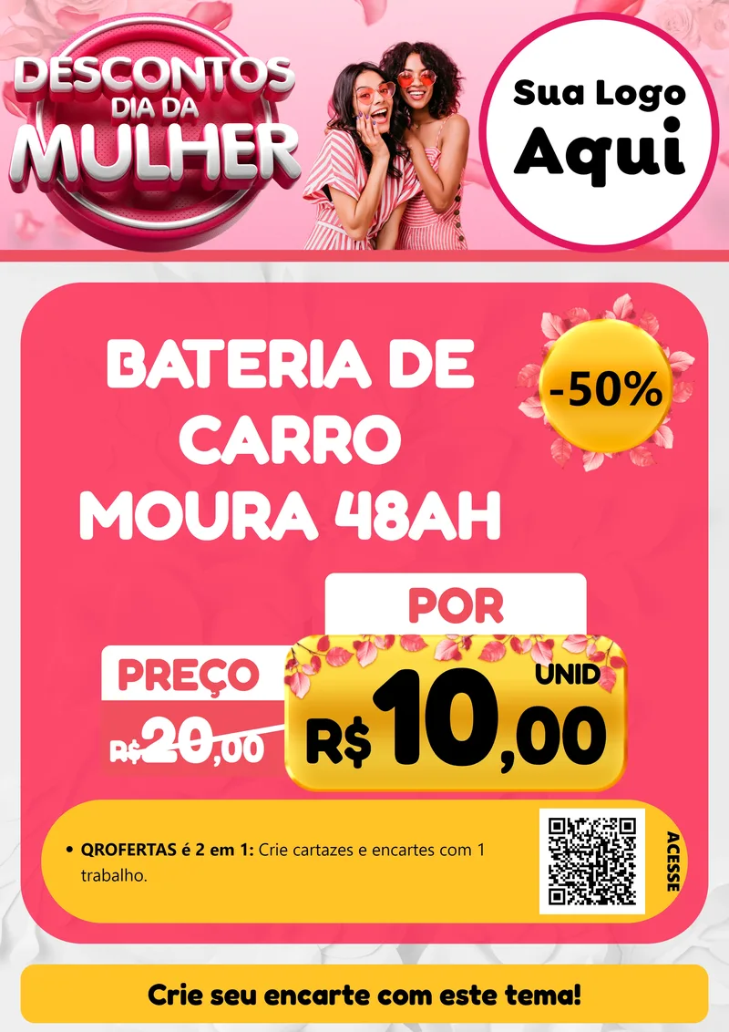 Modelo de Cartaz para Cartaz A4 Vertical com o tema Descontos Dia da Mulher para Baterias Elétricas