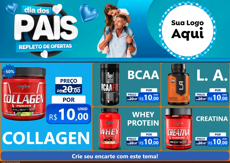 Modelo de Encarte para Encarte A4 Horizontal com o tema Dia Dos Pais Repleto de Ofertas para Suplementos alimentares