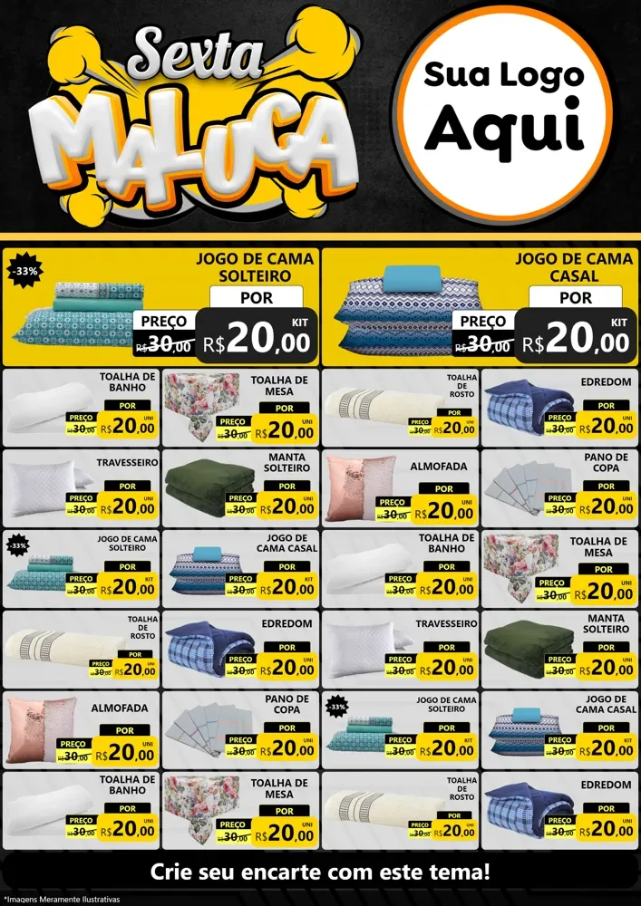 Modelo de Encarte para Encarte A4 Vertical com o tema Sexta Maluca para Cama, Mesa e Banho