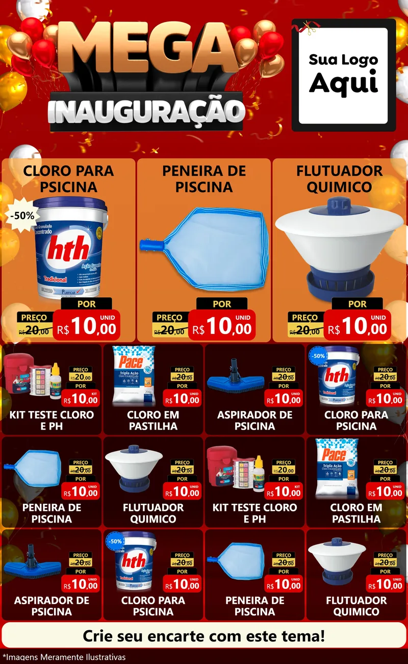 Modelo de Encarte para Encarte Grande com o tema Mega Inauguração para Produtos para Piscina