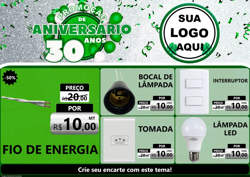 Modelo de Encarte para Encarte A4 Horizontal com o tema Promoção de Aniversário - 30 Anos para Materiais Elétricos