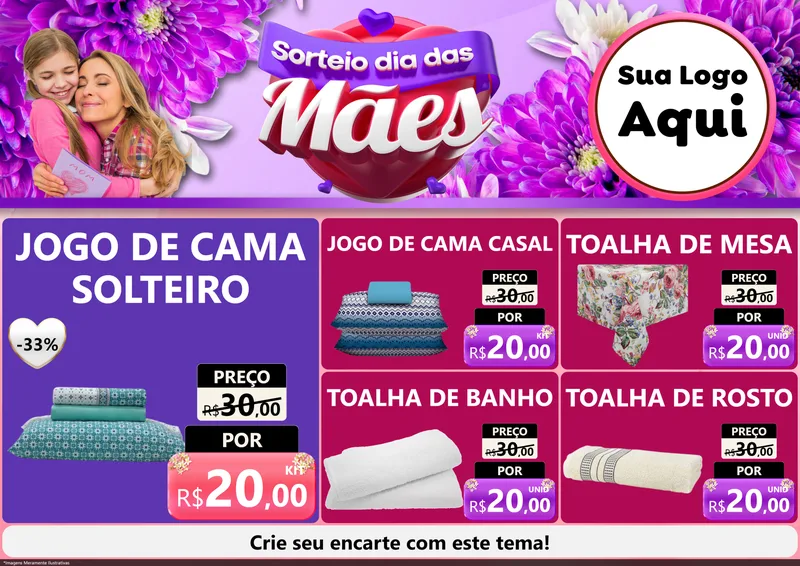 Modelo de Encarte para Encarte A4 Horizontal com o tema Sorteio Dia das Mães para Cama, Mesa e Banho