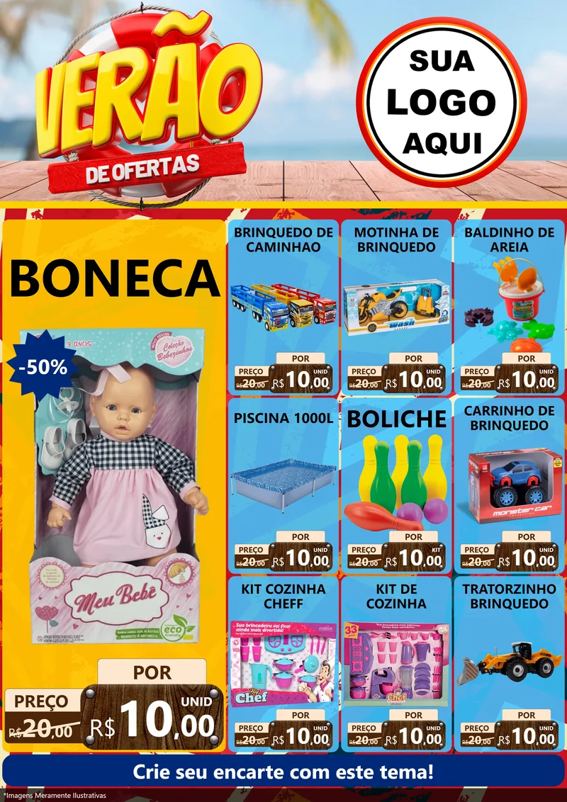 Modelo de Encarte para Encarte A4 Vertical com o tema Verão de Ofertas para Brinquedos