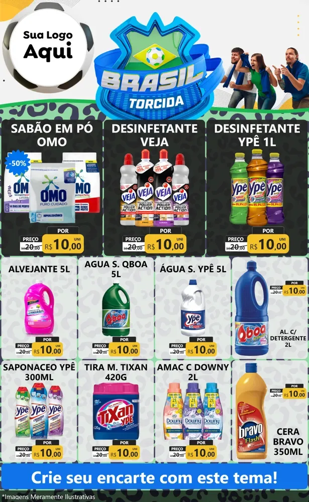 Modelo de Encarte para Encarte Grande com o tema Brasil Torcida - Copa para Produtos de Limpeza