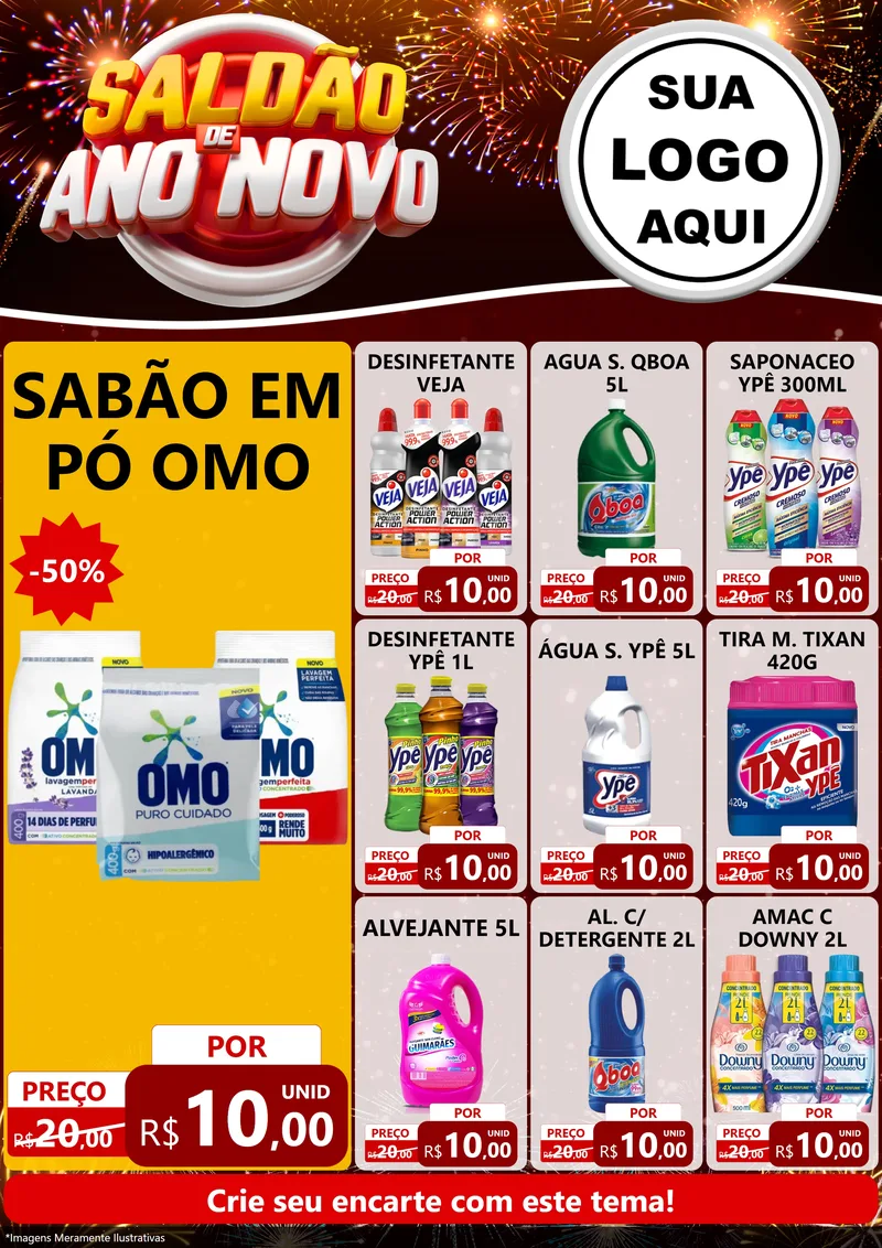 Modelo de Encarte para Encarte A4 Vertical com o tema Saldão de Ano Novo para Produtos de Limpeza