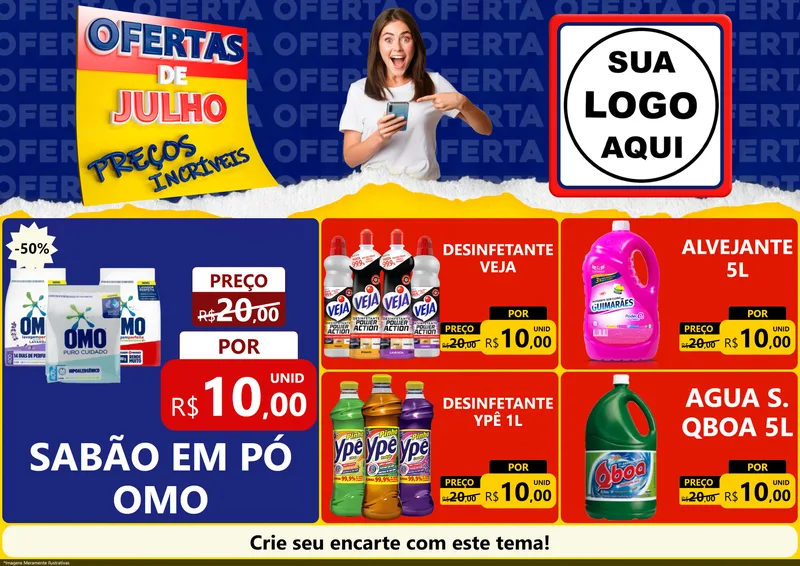 Modelo de Encarte para Encarte A4 Horizontal com o tema Ofertas de Julho - Preços Incríveis para Produtos de Limpeza