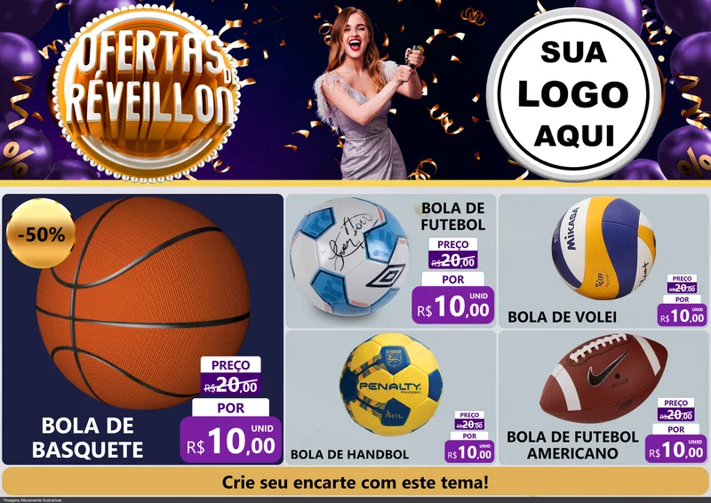 Modelo de Encarte para Encarte A4 Horizontal com o tema Ofertas de Réveillon para Artigos Esportivos