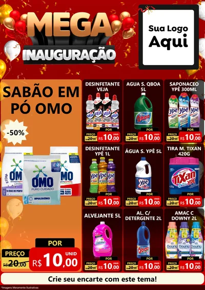Modelo de Encarte para Encarte A4 Vertical com o tema Mega Inauguração para Produtos de Limpeza