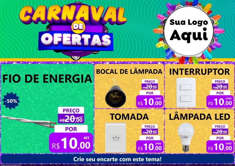 Modelo de Encarte para Encarte A4 Horizontal com o tema Carnaval de Ofertas para Materiais Elétricos