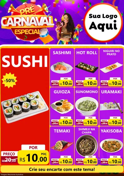 Modelo de Encarte para Encarte A4 Vertical com o tema Pré-Carnaval Especial para Comida japonesa