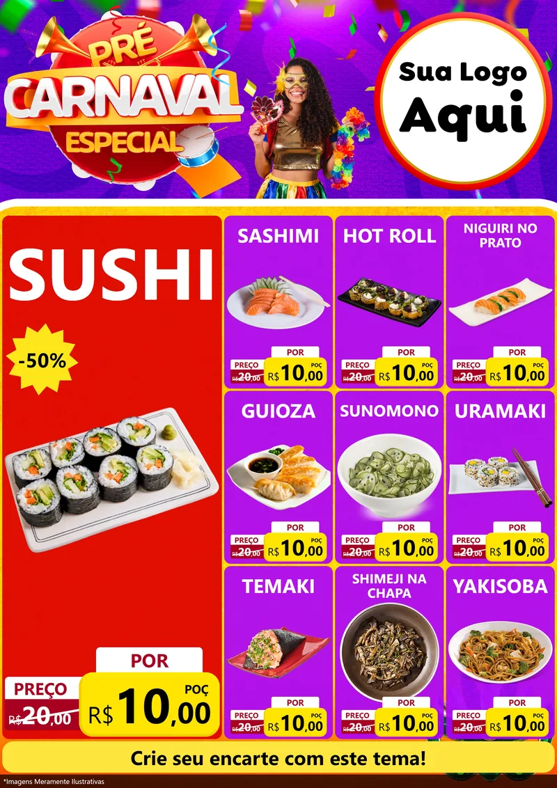 Modelo de Encarte para Encarte A4 Vertical com o tema Pré-Carnaval Especial para Comida japonesa