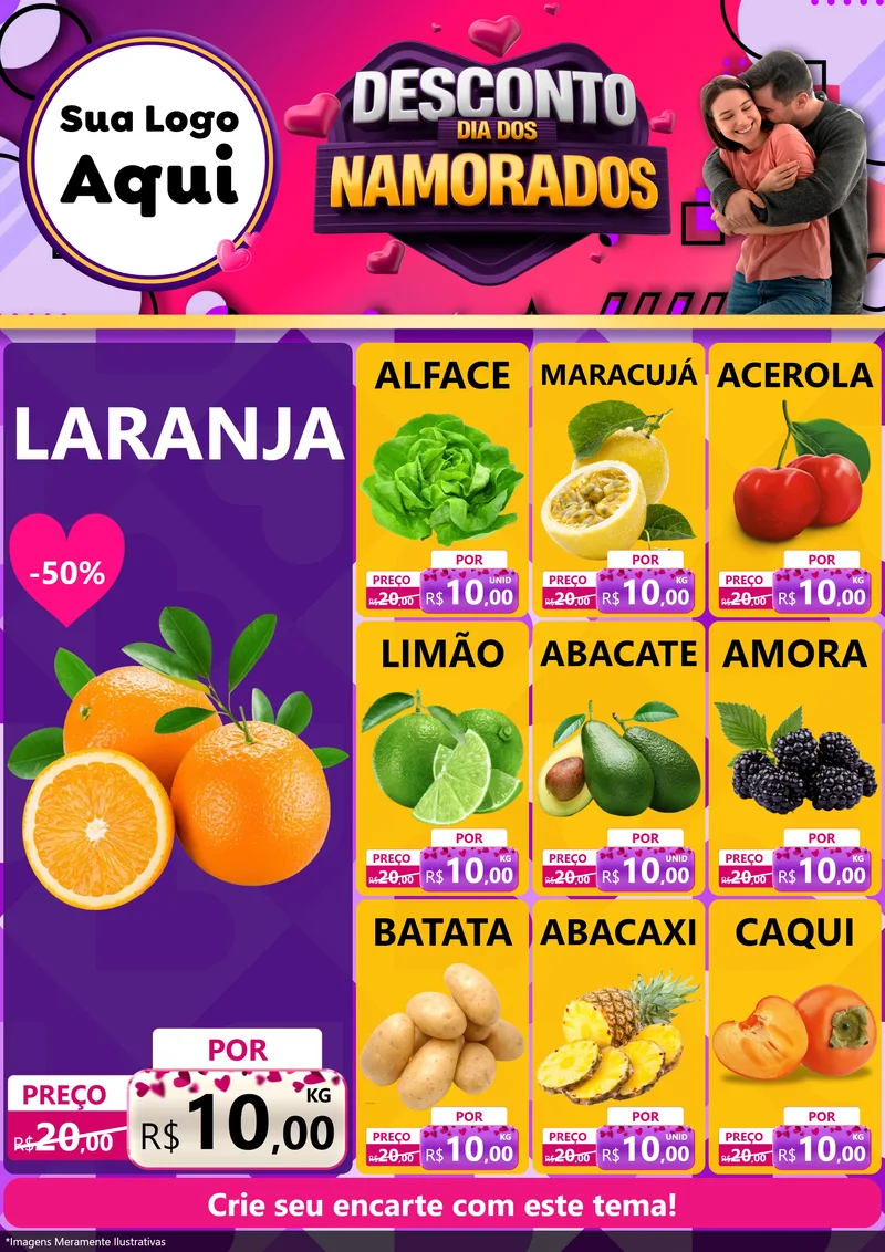 Modelo de Encarte para Encarte A4 Vertical com o tema Desconto Dia dos Namorados para Hortifrúti
