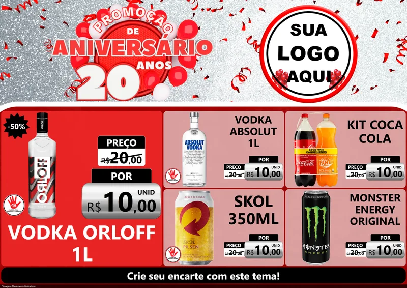 Modelo de Encarte para Encarte A4 Horizontal com o tema Promoção de Aniversário - 20 Anos para Distribuidora de bebidas