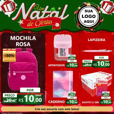 Modelo de Rede Social para Feed Facebook com o tema Um Natal de Ofertas para Papelaria