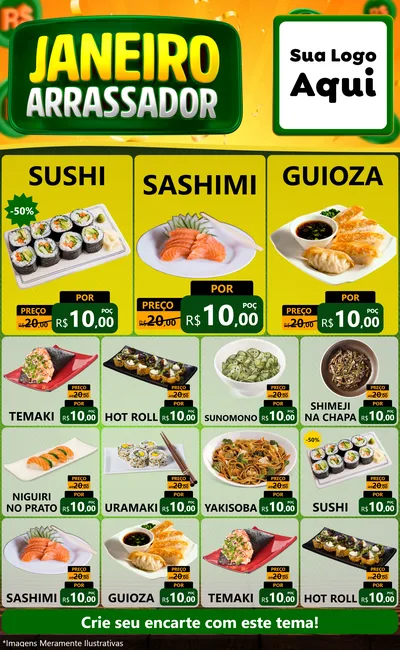 Modelo de Encarte para Encarte Grande com o tema Janeiro Arrasador para Comida japonesa