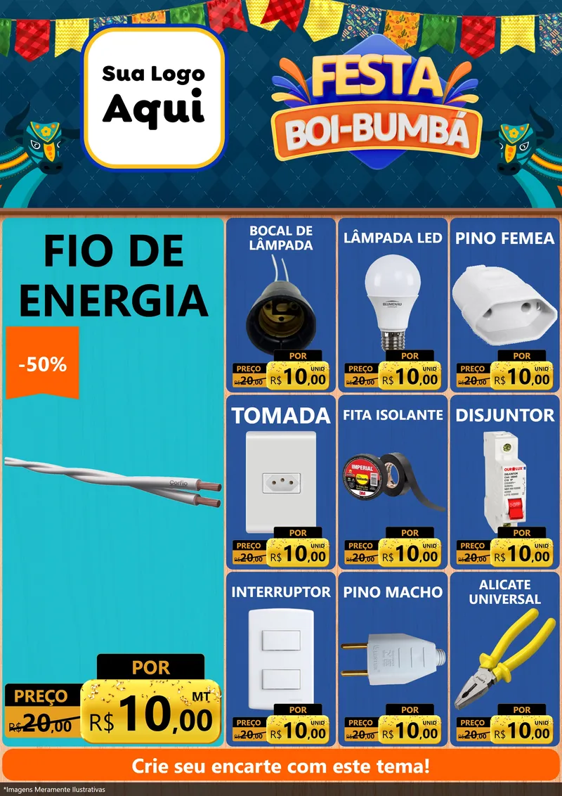 Modelo de Encarte para Encarte A4 Vertical com o tema Festa Boi Bumbá para Materiais Elétricos