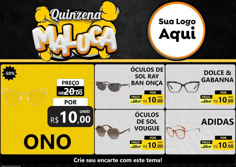 Modelo de Encarte para Encarte A4 Horizontal com o tema Quinzena Maluca para Óticas