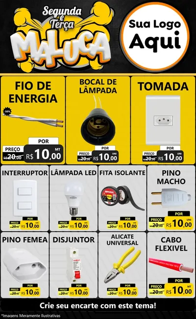Modelo de Encarte para Encarte Grande com o tema Segunda e Terça Maluca para Materiais Elétricos