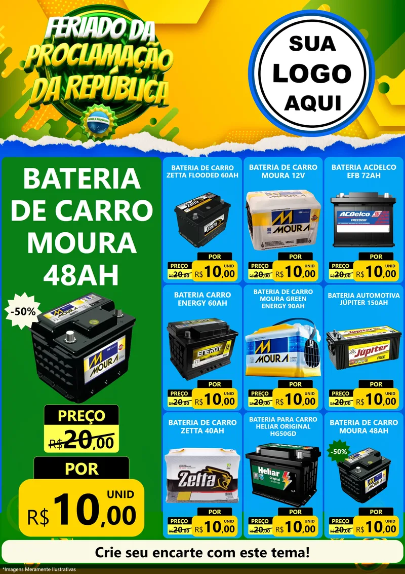 Modelo de Encarte para Encarte A4 Vertical com o tema Feriado da Proclamação da República para Baterias Elétricas