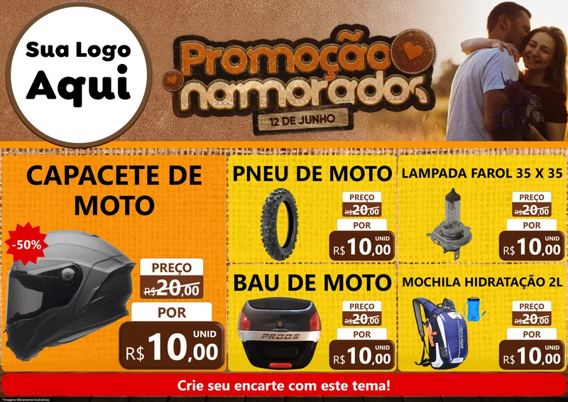 Modelo de Encarte para Encarte A4 Horizontal com o tema Promoção Namorados para Moto peças
