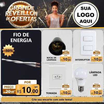 Modelo de Rede Social para Feed Facebook com o tema Grande Réveillon de Ofertas para Materiais Elétricos