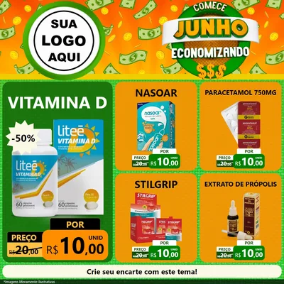 Modelo de Rede Social para Feed Facebook com o tema Comece Junho Economizando para Farmácia