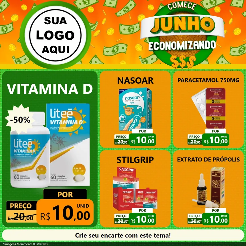 Modelo de Rede Social para Feed Facebook com o tema Comece Junho Economizando para Farmácia