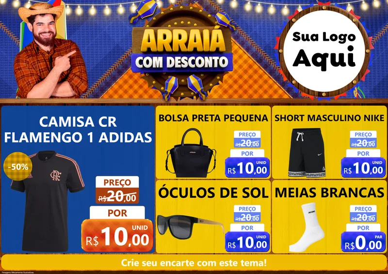 Modelo de Encarte para Encarte A4 Horizontal com o tema Arraiá Com Desconto para Roupas e acessórios