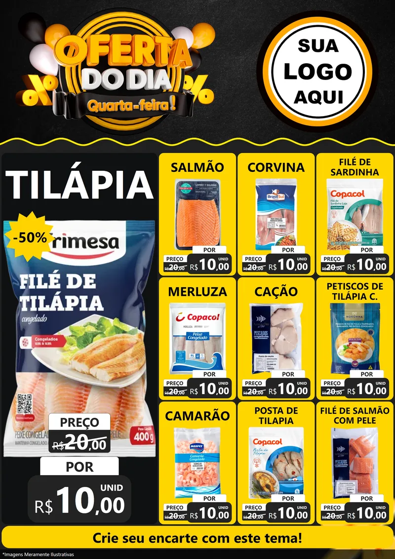 Modelo de Encarte para Encarte A4 Vertical com o tema Oferta do Dia - Quarta Feira! para Peixaria
